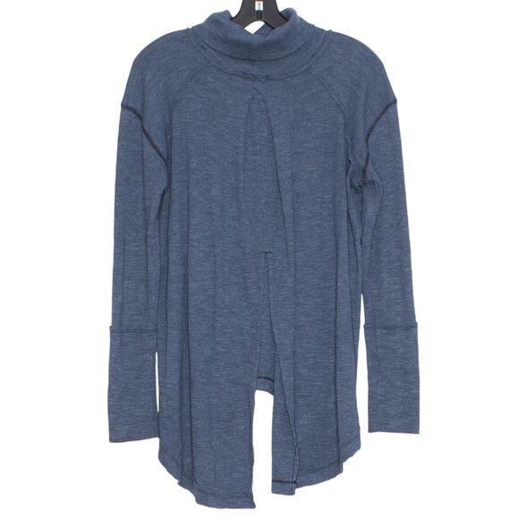 We The Free People Womens Top Turtleneck Split Back Raw Edge Blue Size Small FO - Picture 2 of 6